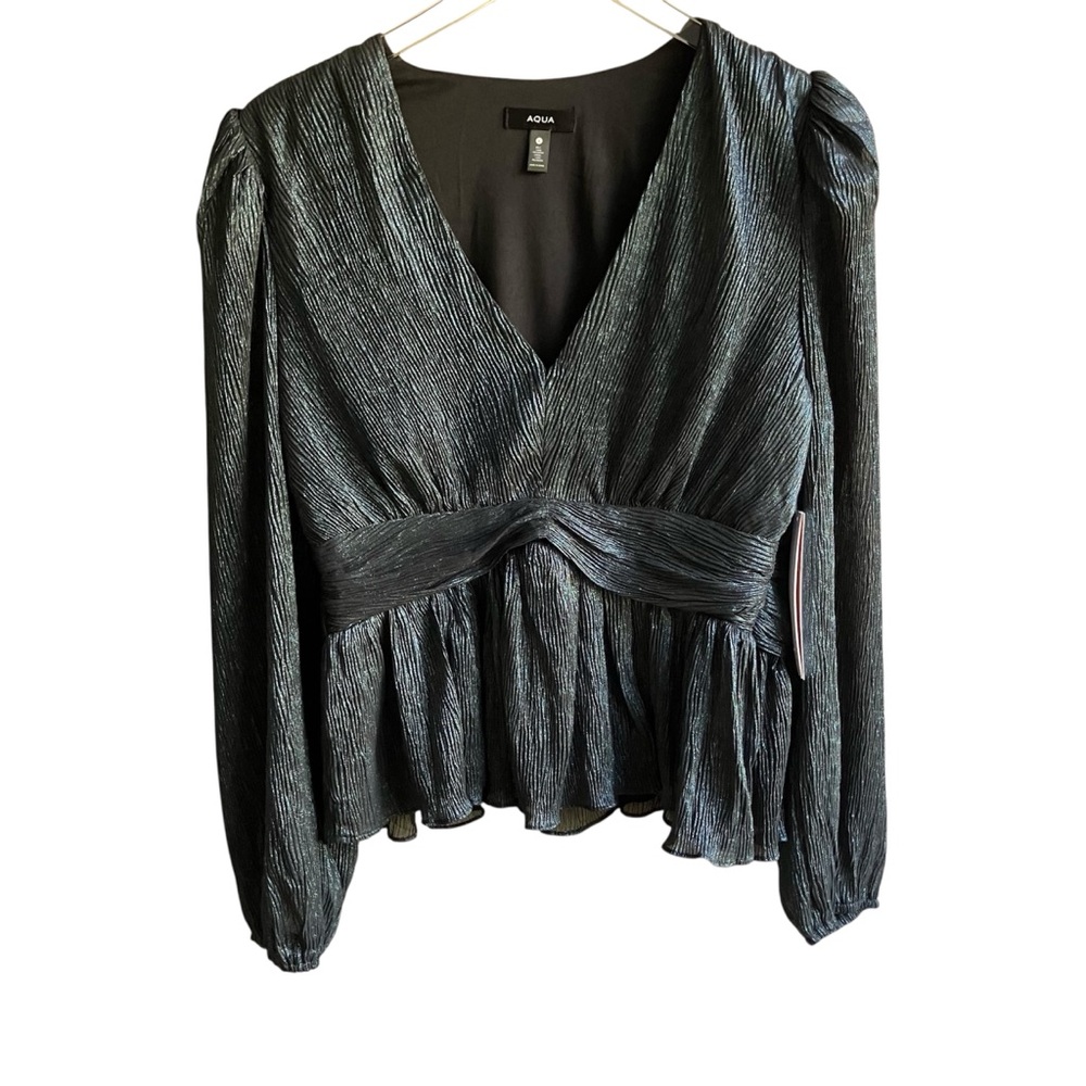 Aqua Wrap Front Pleated Blouse Size L Metallic Sheer Long Sleeves Going Out Top